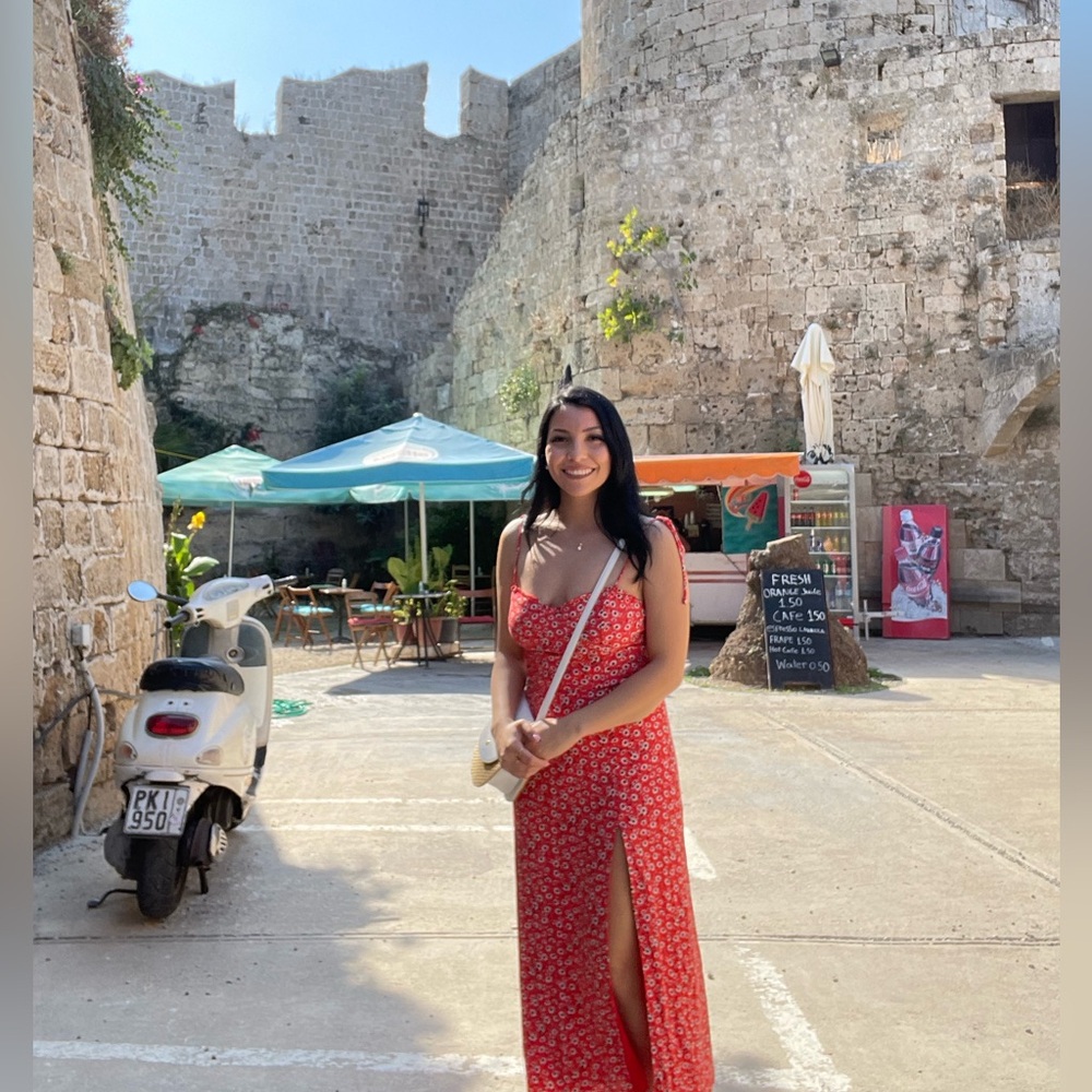 Red floral midi dress with slit